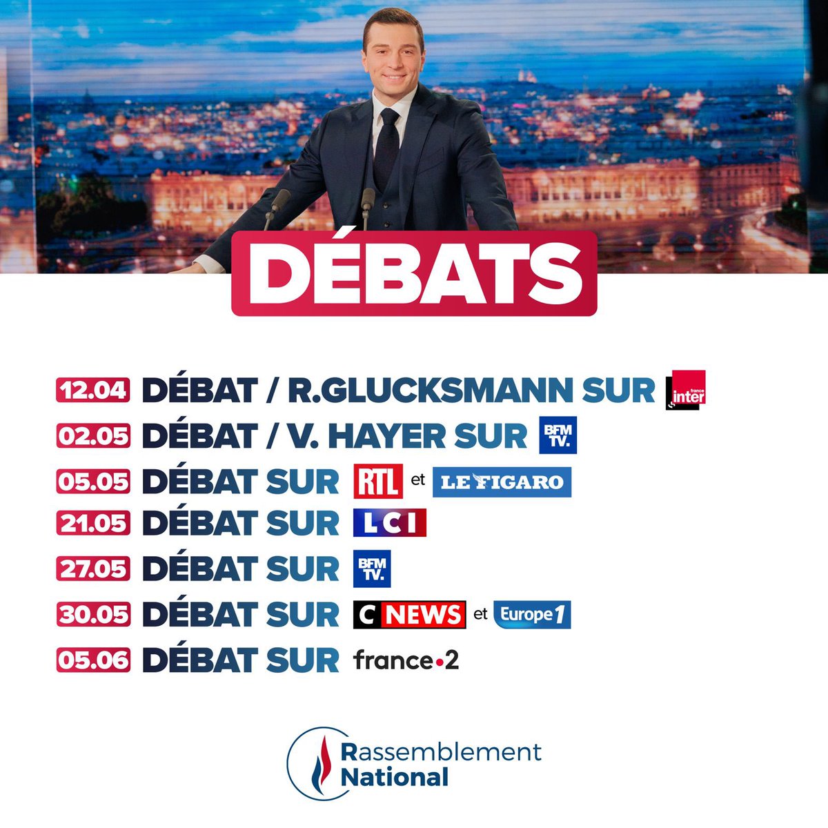 En plus des nombreux déplacements de campagne et des meetings partout en France, les Français pourront voir @J_Bardella et écouter son projet lors de 7 débats télévisés dédiés aux élections #Europeennes2024. Ceux qui en demandent plus sont des gourmands 😉 #VivementLe9Juin