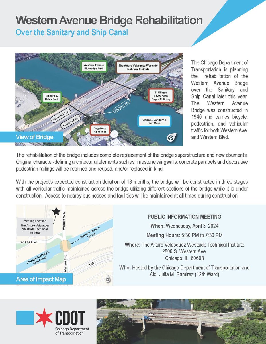 TONIGHT! @CDOT and @the12thward is hosting a public meeting about the rehabilitation plan for the Western Avenue Bridge, which connects McKinley Park to Little Village and Pilsen. ⏰ Wed, 4/3, 5:30pm-7:30pm 📍 Arturo Velasquez Westside Technical Institute (2800 S Western Ave)