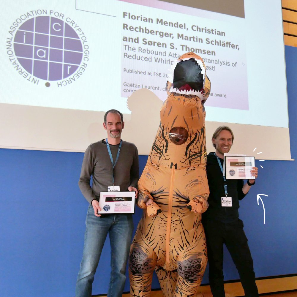 Last week, our colleague Christian received the TEST OF TIME award at <a href="/fse2024/">FSE2024</a> in Leuven for the paper “The rebound attack: Cryptanalysis of reduced Whirlpool and Grøstl”. 🎉

Paper authors: Florian Mendel, Christian Rechberger, Martin Schläffer, Søren Thomsen

Picture © FSE2024