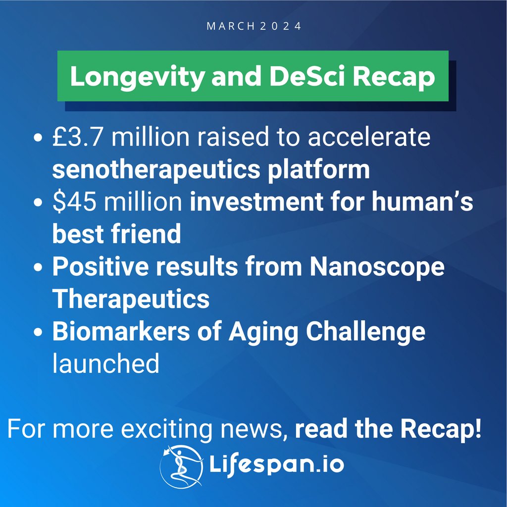 What was happening in the Longevity and DeSci sphere in March? Check out the Recap to find out 👇 lifespan.io/news/longevity… #aging #rejuvenation #longevity #lifespan #healthspan @hevolution_f @SENISCA1 @Rejuve_Bio @NSTherapeutics @OraBiomedical