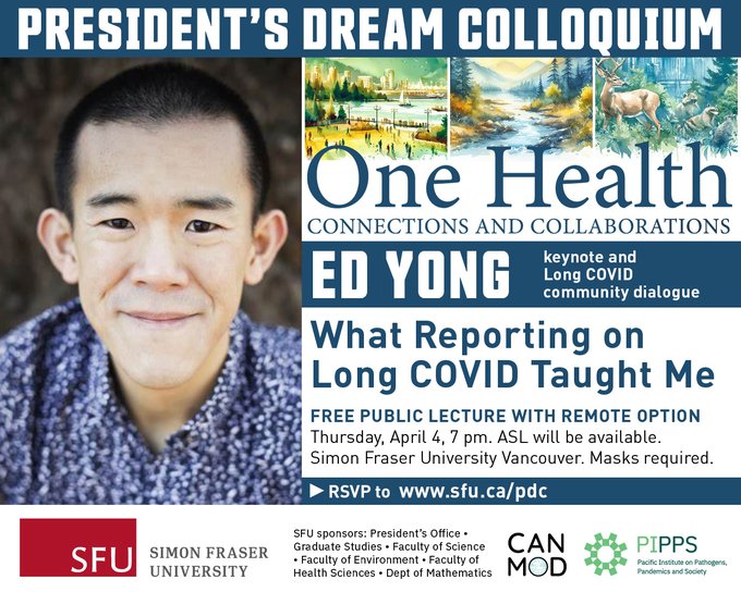 TOMORROW! Pulitzer Prize-winning author Ed Yong is the final @SFU 'One Health: Connections & Collaborations' speaker; Thurs. Apr. 4, 10pm (EDST). Ed began reporting on long COVID in June 2020. He will discuss what he has learned and why it matters: tinyurl.com/mtz72wxr