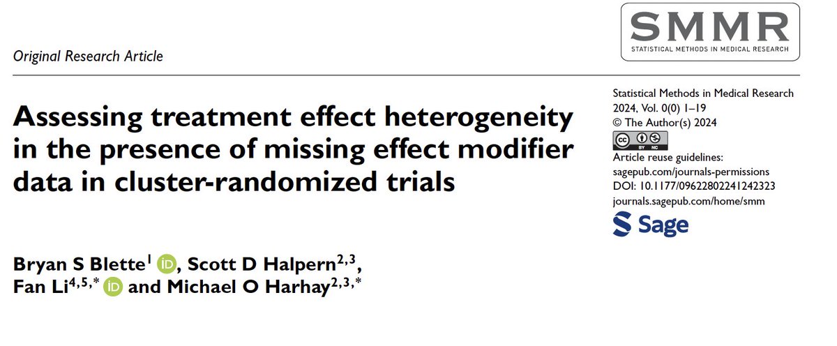 'Assessing treatment effect heterogeneity in the presence of missing effect modifier data in cluster trials' doi.org/10.1177/096228… Very proud of @BryanBlette on this great methods review & very clever simulation study - give it a read! @ScottHalpernMD @FanLi90 @vandy_biostat