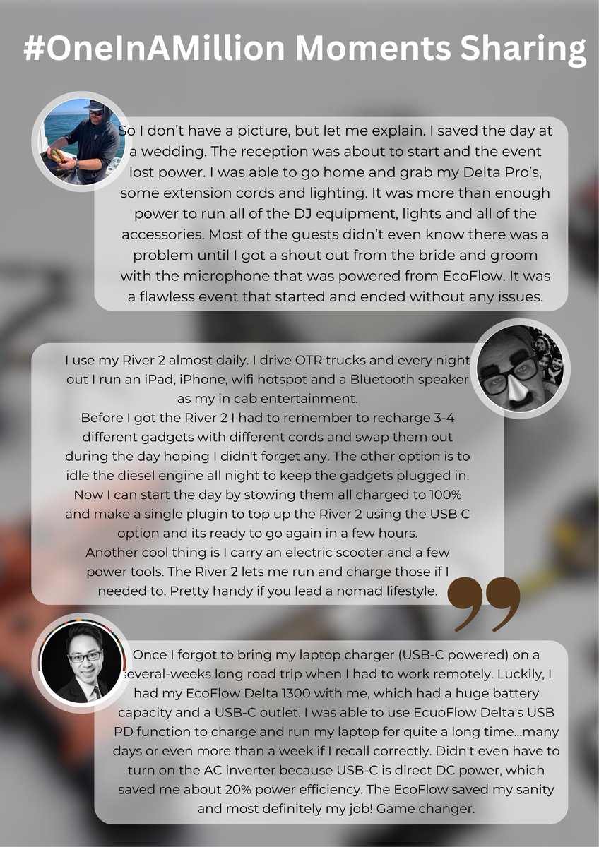 Adventure or emergency, EcoFlow powers through. Troy saved a wedding, Robert found daily convenience in his truck with #EcoFlowRIVER2, and Louis depended on #EcoFlowDELTA during an outage. A testament to power where & when you need it ❤️ #OneInAMillion #EcoFlowMembersFestival