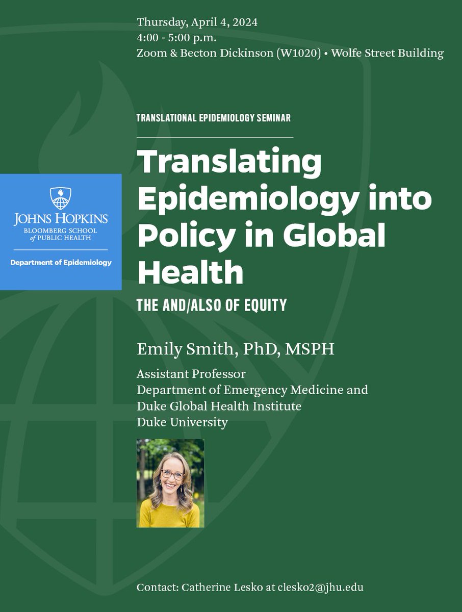 For our next Translational Epidemiology seminar, @ersmith2016 discusses translating epidemiology in policy in global health. Join us!
