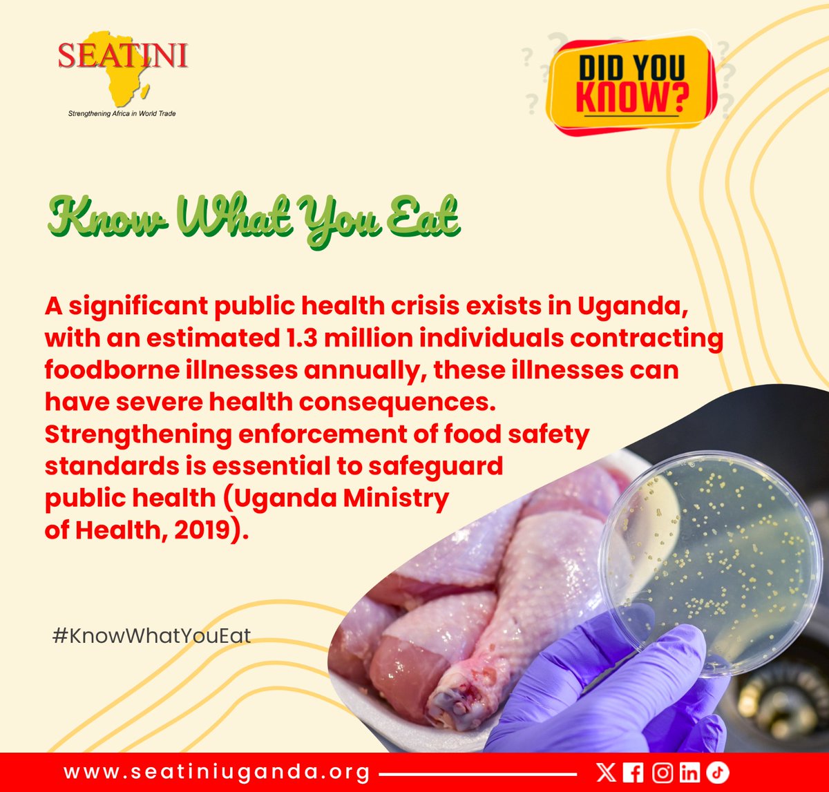 Did you know?

A significant public health crisis esists in Uganda with an estimated 1.3 million individuals contracting foodborne illnesses annually, these illnesses can have severe health consequences. 
#KnowWhatYouEat