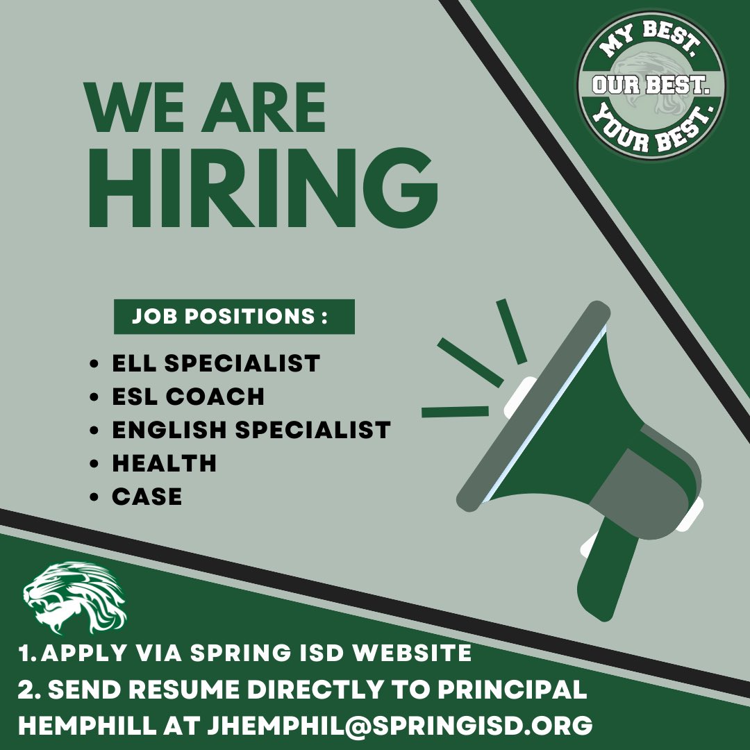Spring High School (@springhighlions) on Twitter photo We are looking for motivated and passionate individuals to join our Spring Lion Pride! <a href="/SpringISD/">Spring ISD</a> <a href="/SpringISD_Super/">Dr. Lupita Hinojosa</a> <a href="/TraWalker3/">Tracey Walker</a> <a href="/Jhemphill_SHS/">Jalen Hemphill</a> We are looking for motivated and passionate individuals to join our Spring Lion Pride! <a href="/SpringISD/">Spring ISD</a> <a href="/SpringISD_Super/">Dr. Lupita Hinojosa</a> <a href="/TraWalker3/">Tracey Walker</a> <a href="/Jhemphill_SHS/">Jalen Hemphill</a>