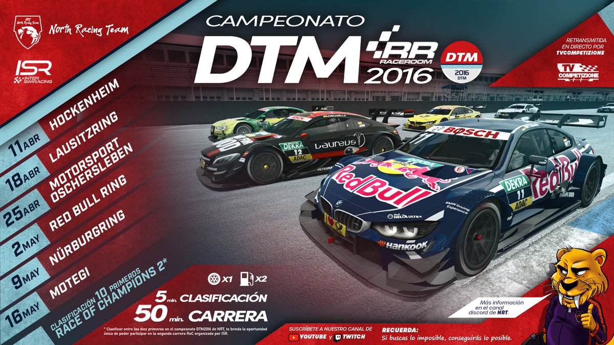 inter_simracing's tweet photo. DTM 2016
En NRT ya está todo listo para el arranque de la nueva competición de Raceroom
El TOP 10 entrará en el #ROC2
Síguelo en directo el día 11 en el canal de Twitch @Tvcompetizion
#ISR | #DTM | #Raceroom | #simracing https://t.co/jnn9HgWdY7