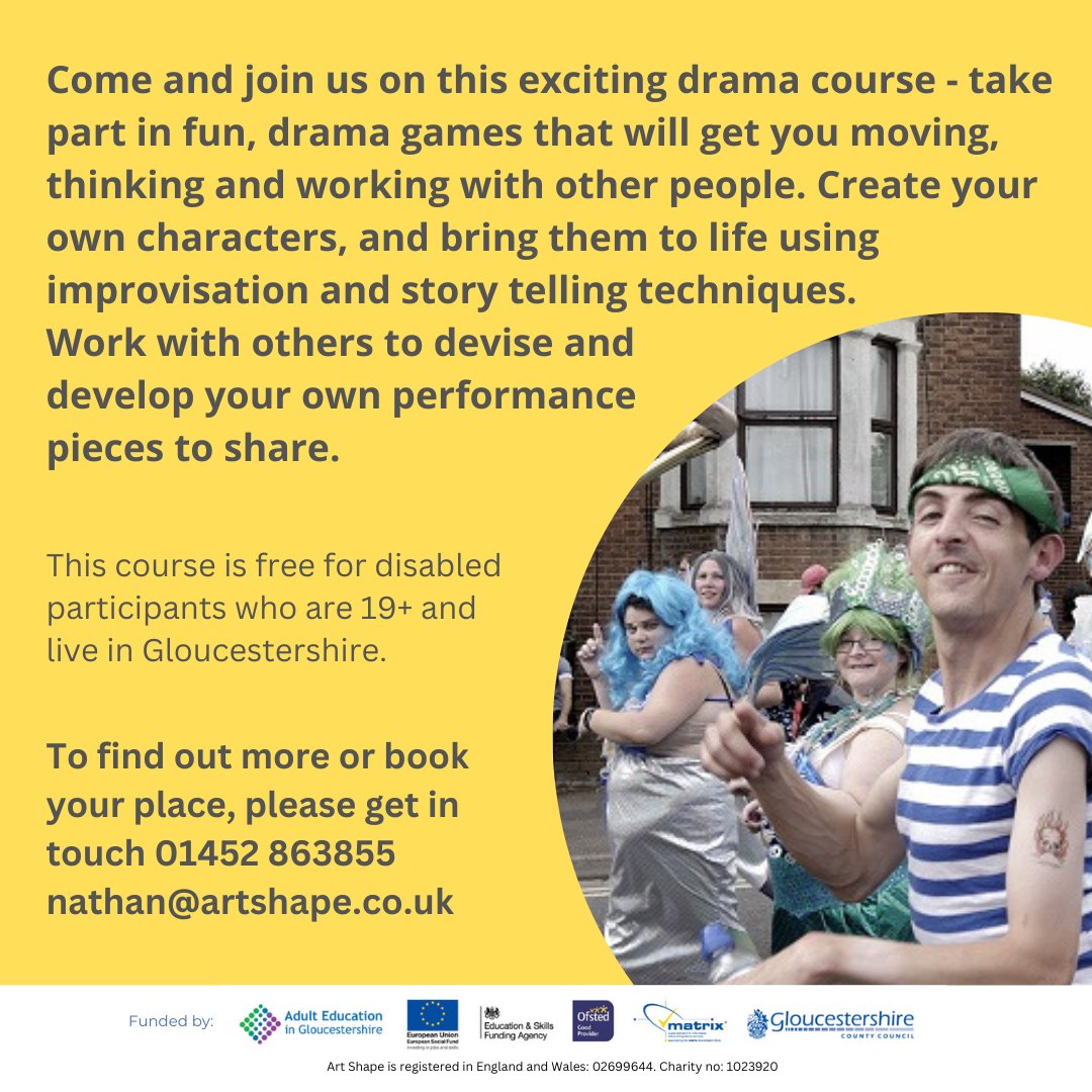 Come and join us on this exciting drama course - take part in fun, drama games that will get you moving, thinking and working with other people. Book your place, 01452 863855 / nathan@artshape.co.uk #InclusiveDrama #Local #Glos #ShowTime #InclusivePerformance #InclusiveActing