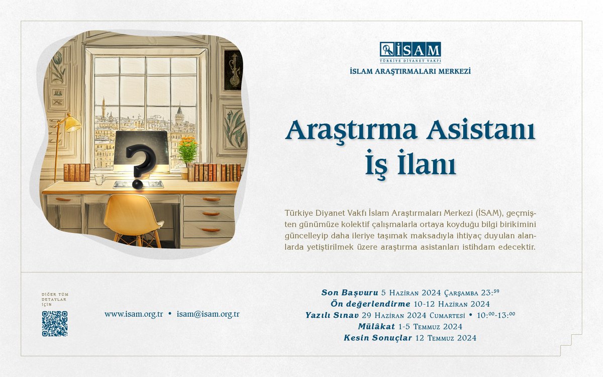 İSAM geçmişten günümüze kolektif çalışmalarla ortaya koyduğu bilgi birikimini güncelleyip daha ileriye taşımak maksadıyla ihtiyaç duyulan alanlarda yetiştirilmek üzere araştırma asistanları istihdam edecektir.

Detaylı bilgi için:
isam.org.tr/haberler/isam-…