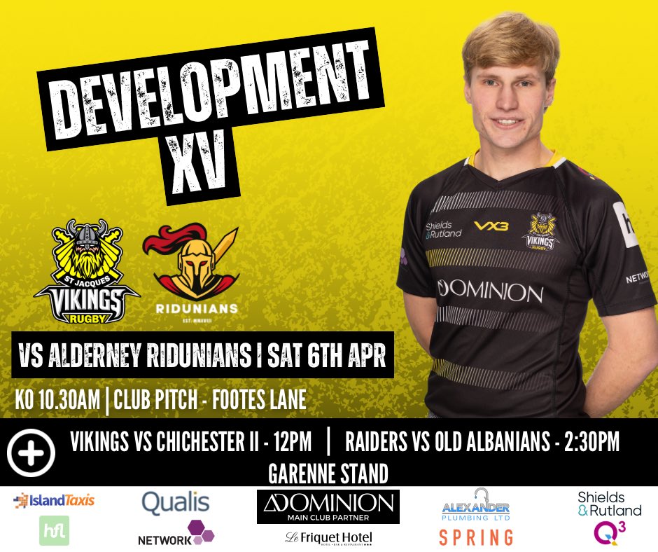 This weekend is going to be a busy one, as the our Dev XV will also be in action against our northern neighbours Alderney Be sure to come down and support the boys, before watching the Vikings & @GuernseyRaiders over on the Garenne Stand. ⚫️🟡 #𝙏𝙃𝙀𝙑𝙄𝙆𝙄𝙉𝙂𝙎𝙒𝘼𝙔