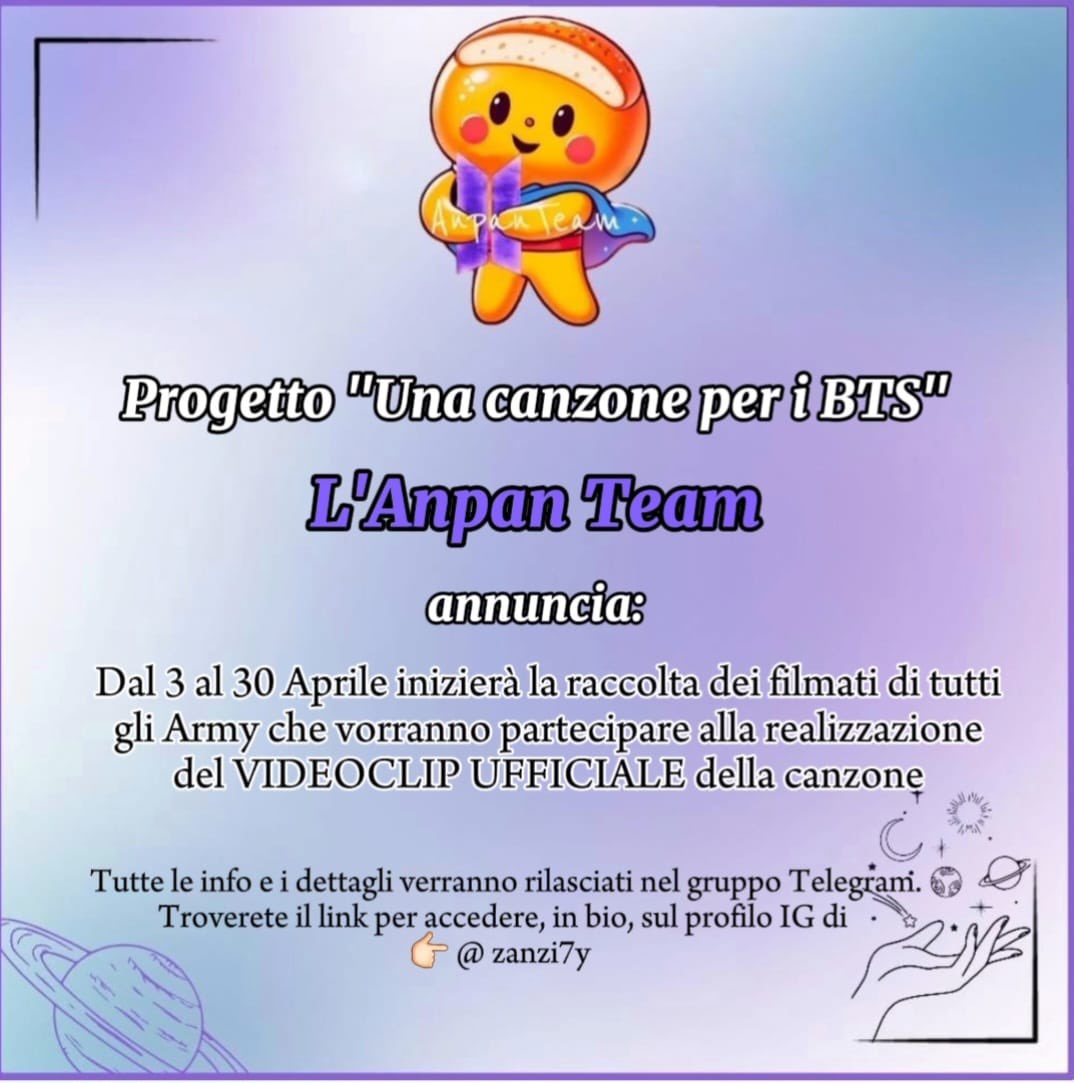 AnpanTproject's tweet photo. Questa è la fase 2 del progetto “Una canzone per i BTS”.

L’Anpan team realizzerà un videoclip ufficiale che verrà pubblicato insieme all’uscita della canzone dedicata ai ragazzi e ci piacerebbe avere la partecipazione delle Army!
più info nei commenti 🪽🤍 https://t.co/hTlZbOvzpZ