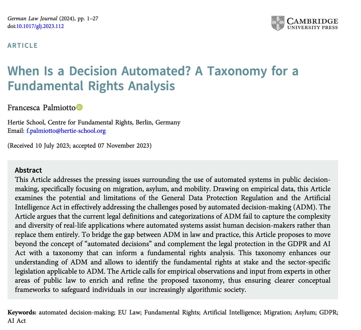 My latest article is now available in the @Ger_Law_Journal! The paper focuses on automated decision-making systems and investigates the legal protection under the #GDPR and the #AIAct. 👉 Read here: cambridge.org/core/journals/…