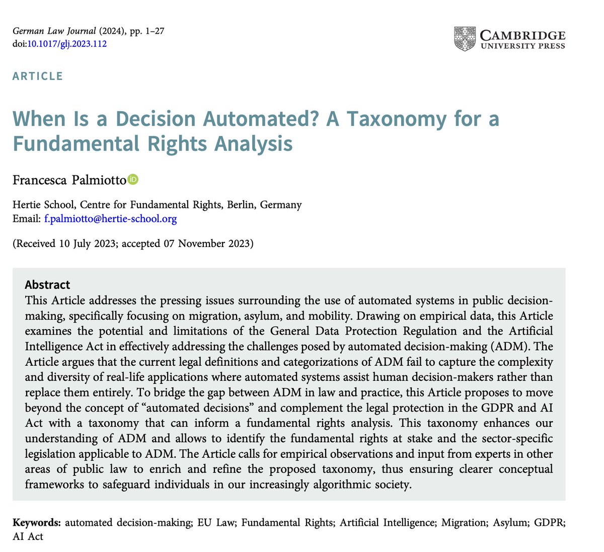 FPalmiotto's tweet photo. My latest article is now available in the @Ger_Law_Journal!

The paper focuses on automated decision-making systems and investigates the legal protection under the #GDPR and the #AIAct. 

👉 Read here: https://t.co/gCK43hT9sK https://t.co/J9wJdzPZIM