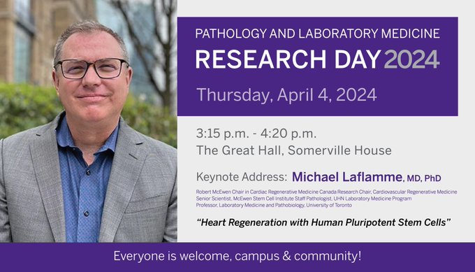 Join us on Tomorrow, April 4, from 3:15 - 4:20 p.m., for our Pathology and Laboratory Medicine Research Day keynote address, as Dr. Michael Laflamme discusses “Heart Regeneration with Human Pluripotent Stem Cells”. schulich.uwo.ca/pathol/researc…