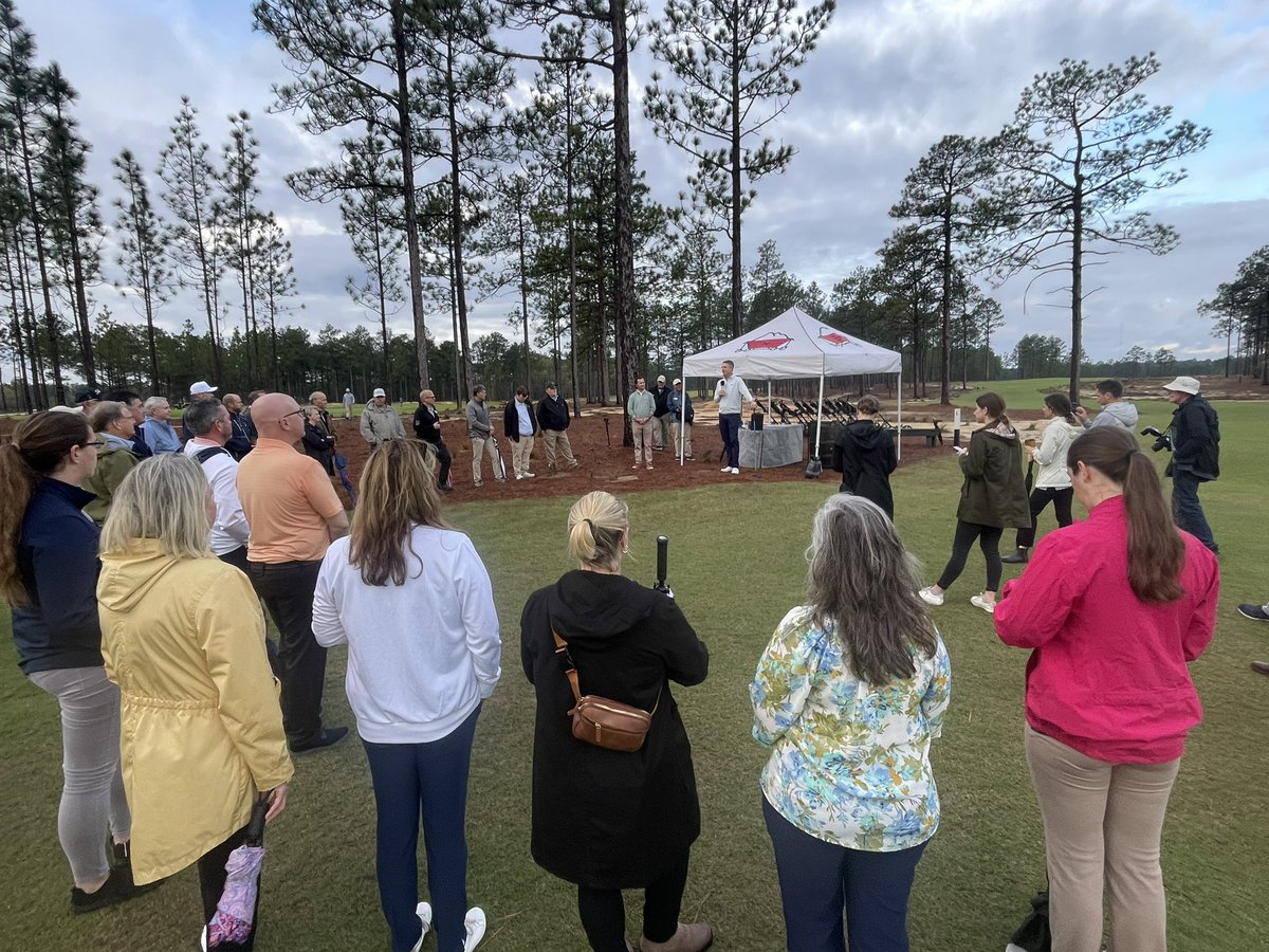 homeofusagolf's tweet photo. It’s official! Pinehurst No. 10 is now open! Tom Doak’s newest creation revealed and newest course @PinehurstResort in three decades! Opening tee shots struck by resort owner Bob Dedman, Jr., president Tom Pashley and superintendent Kevin Robinson. Well done! @VisitNC @CGAgolf1909