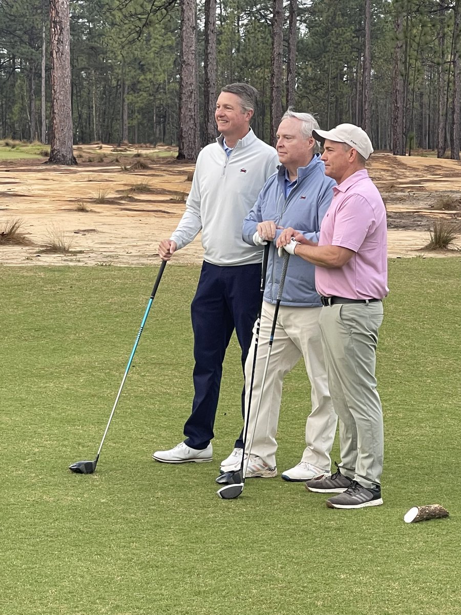 homeofusagolf's tweet photo. It’s official! Pinehurst No. 10 is now open! Tom Doak’s newest creation revealed and newest course @PinehurstResort in three decades! Opening tee shots struck by resort owner Bob Dedman, Jr., president Tom Pashley and superintendent Kevin Robinson. Well done! @VisitNC @CGAgolf1909