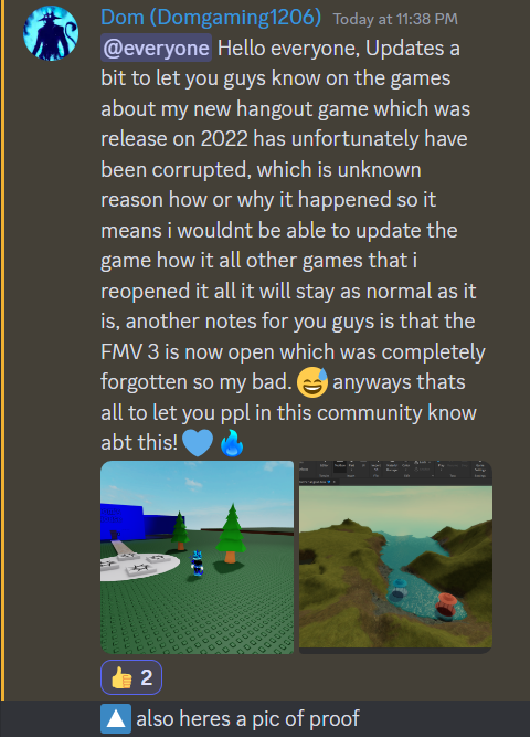 RblxDom's tweet photo. Announcement a bit of updates abt one hangout game has been corrupted on studio compare to the game and FMV 3 is reopened late due to my forgetten memorise, but anyways read this if you curious and feel free to comment down or dms me on discord if any question abt this! 💙🔥 https://t.co/XKNESn3js6