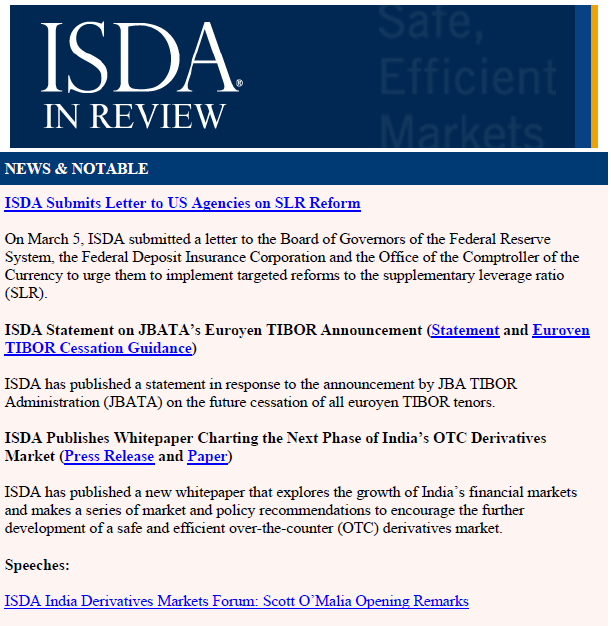 ISDA's tweet photo. ISDA has published a review of publications in March, which includes the #isdaagm preview edition of #IQmagazine focusing on Japan’s #derivatives market and a new episode of #TheSwap podcast with Michael Syn @SGXGroup. See the full list here: https://t.co/DIyiHSehEQ https://t.co/ExVWcoxvrd