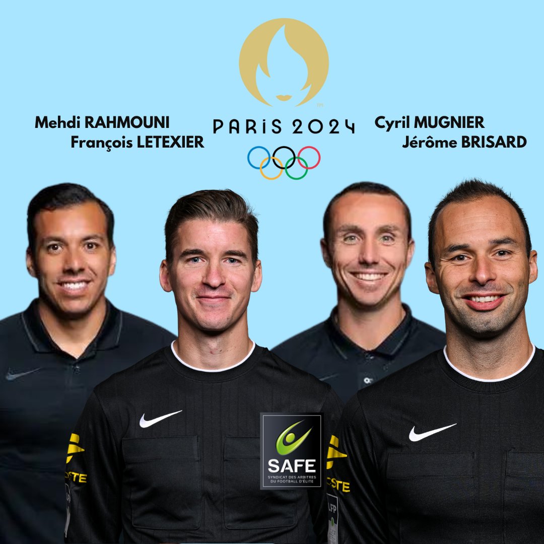ArbitresSAFE's tweet photo. ⭕4 arbitres Français sélectionnés pour Paris 2024

➡François LETEXIER, Cyril MUGNIER et Mehdi RAHMOUNI, et Jérôme BRISARD ont été retenus pour officier cet été, lors des olympiades.

Félicitations à nos 4 arbitres qui représenteront aussi la France durant ces @jeuxolympiques ! https://t.co/nWQzymOPS6