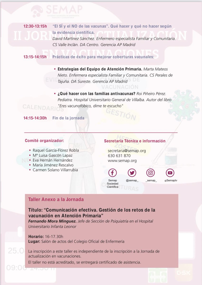 ¡Recuerda!

El 25 de abril celebramos nuestra II Jornada de Actualización en Vacunaciones. 

Se celebrará en el salón de actos del CODEM, y contaremos con maravillosas ponentes para esta ocasión.

+info e inscripción: semap.org/ii-jornada-de-…

🤫 ✨ es gratuita ✨
