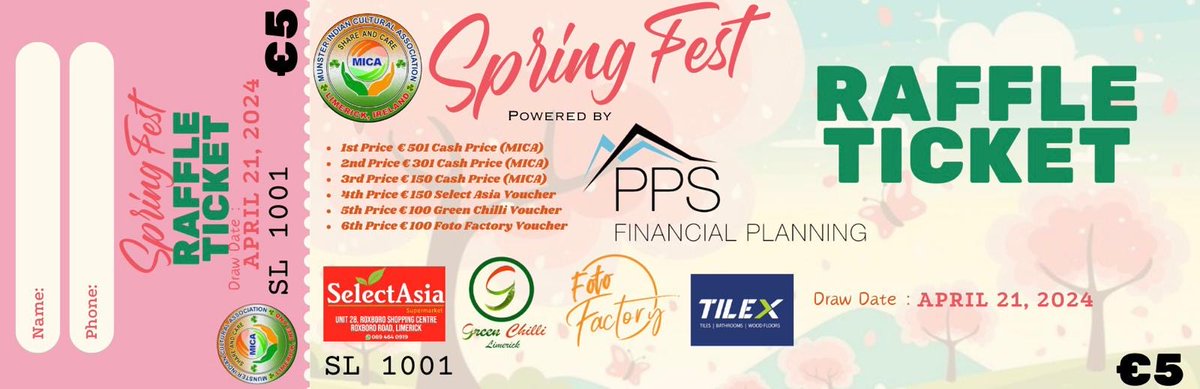 MICA is pleased to announce to you that we are organizing a Raffle Ticket as part of our upcoming Spring Fest 2024.

Tickets are available to purchase from MICA members.

Ticket Cost- Only €5*

Draw Date- 21/04/2024