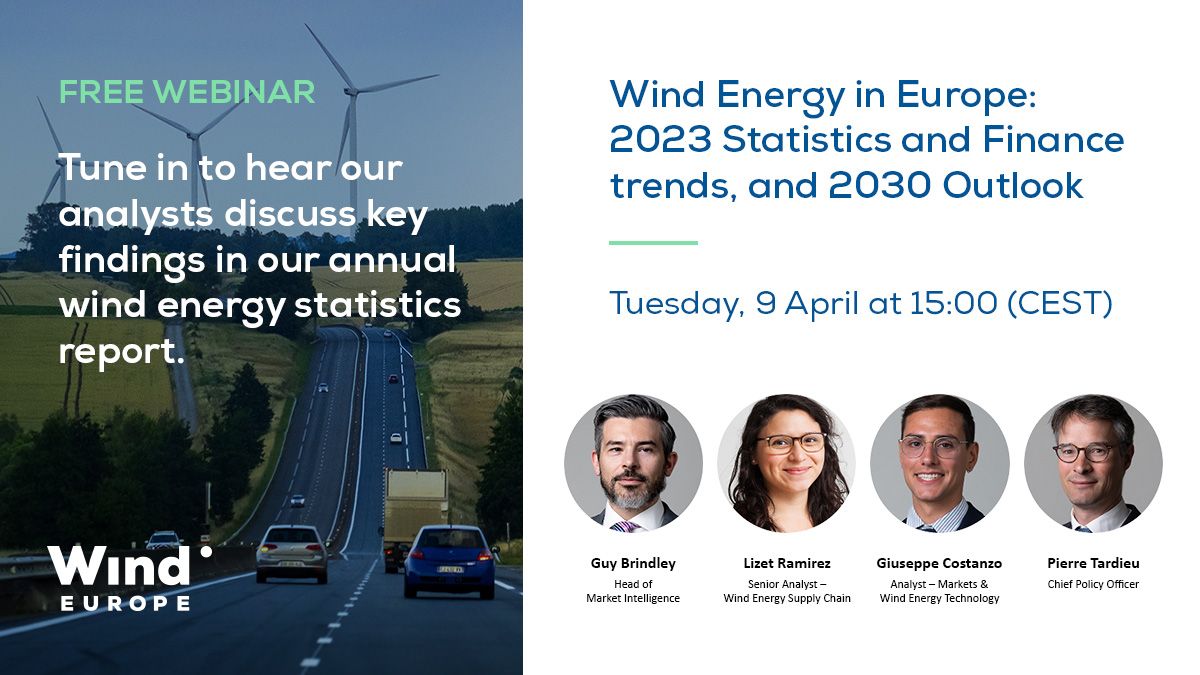 🌬️ Get ready for our upcoming webinar 'Wind Energy in Europe: 2023 Statistics and Finance Trends, and 2030 Outlook.' 🗓️ Tue 9 April 2024 🕒 15:00 - 16:00 CEST Register now for free and secure your spot! 👉 bit.ly/3TAZ0TG