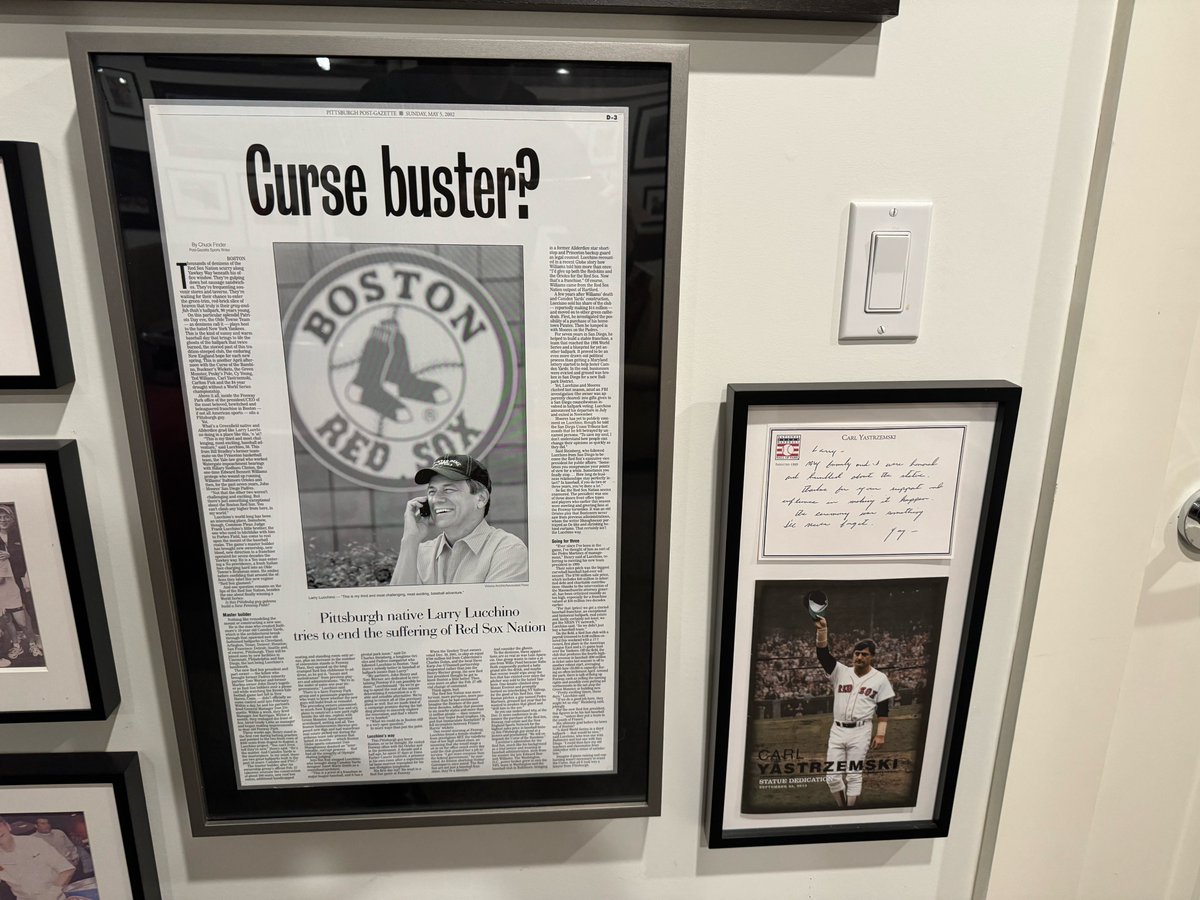 A ballcap salute to the late #LarryLucchino, Pittsburgh guy. But which ballcap?: Orioles, where he got Camden Yards built & a baseball renaissance started; Padres; or Red Sox-where he helped to bury a Curse. FJ Lucchino sent this pic: one of my stories on Larry, next to Yaz. RIP