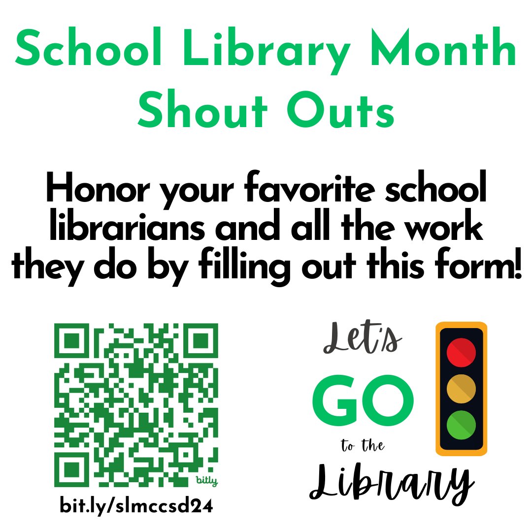 Let's Go to the Library! April is School Library Month! We want to shout out all the things you love about your favorite CCSD school librarians! Fill out this quick form at bit.ly/slmccsd24 We'll be sharing the love throughout April! #slmaasl #LetsGoTLs @ccsdconnects