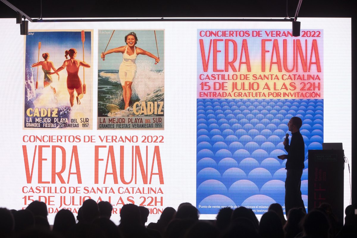 💡En OFFF Sevilla nos enseñó el proceso creativo para un cartel de los sevillanos @VeraFauna inspirado en la publicidad vintage de turismo en Cádiz y fue muy top 🚀...