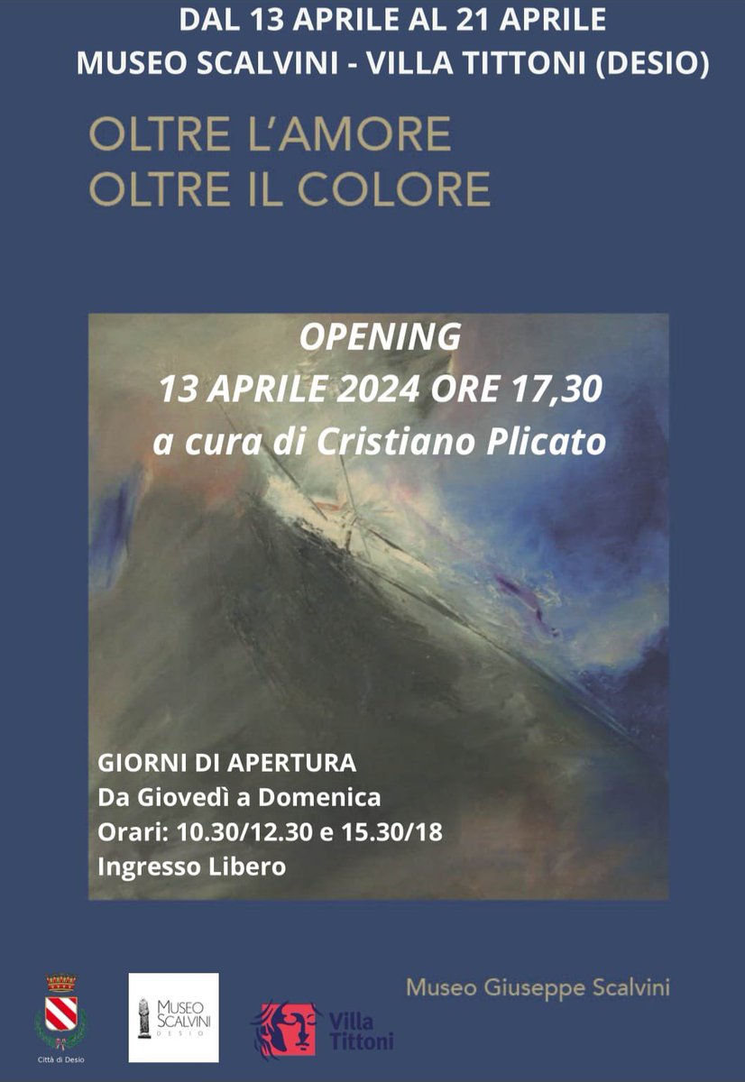 This year I’m enthusiastically returning to the Scalvini Museum for the #art exhibition "OLTRE L'AMORE OLTRE IL COLORE".

📅 13 April - 21 April
🕠 Opening: 13 April at 17.30
🏛️ Location: Museo Scalvini
📆 Opening days: Thursday - Sunday
⏰ Hours: 10.30 - 12.30 and 15.30 - 18.00
