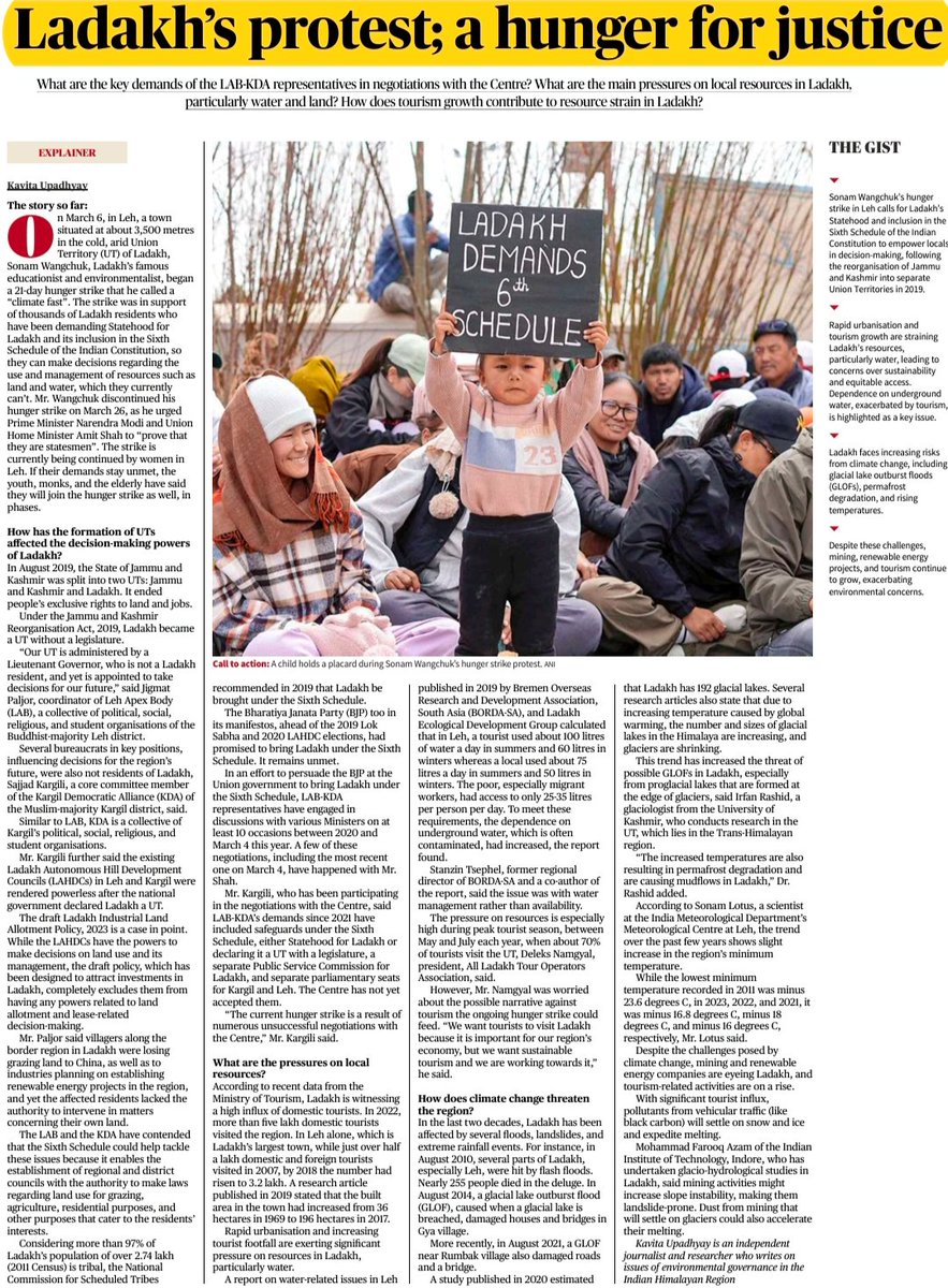 Ladakh’s protest; a hunger for justice Source: The Hindu GS Paper-2: Syllabus: Indian Constitution and Features of Indian Constitution UPSC Mains: Reasons for Ladakh’s protest