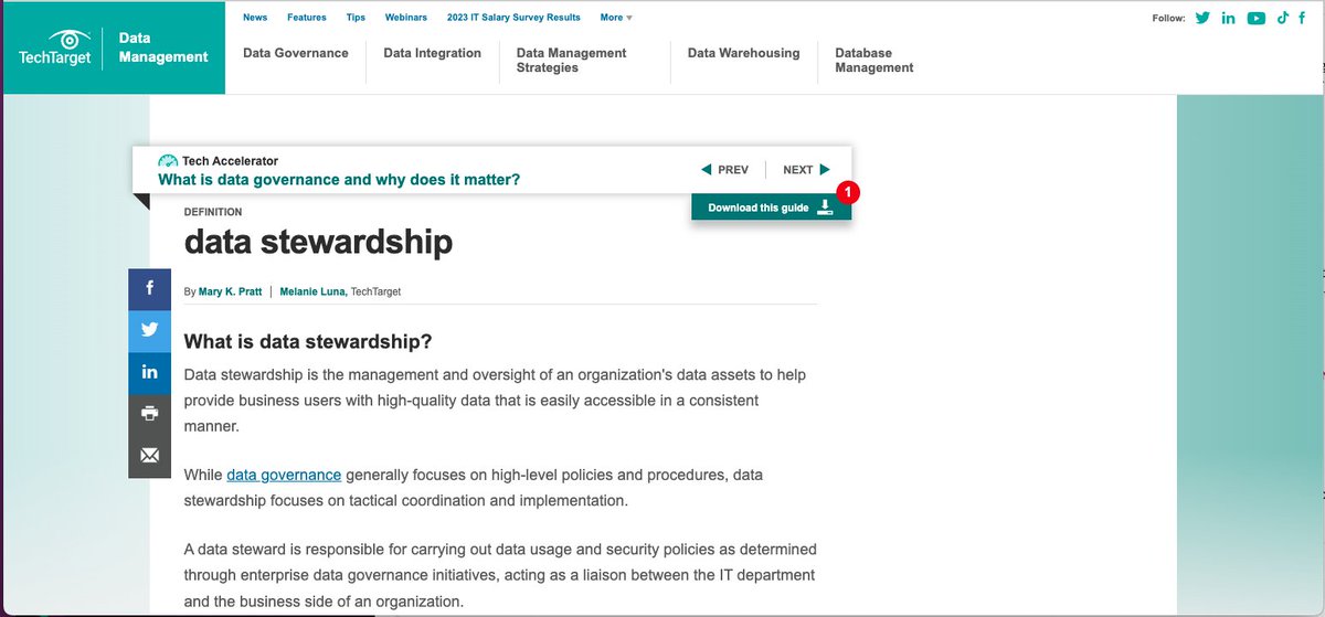 kidehen's tweet image. 1/N:

@datasniff reveals: 
Web pages continue to increase both quantity and quality of embedded #metadata in #knowledgegraph form, using terms from #schemaorg.

Here&apos;s a nice example from @TechTarget about &quot;data stewardship.&quot; 

techtarget.com/searchdatamana…

#LinkedData #Glossary