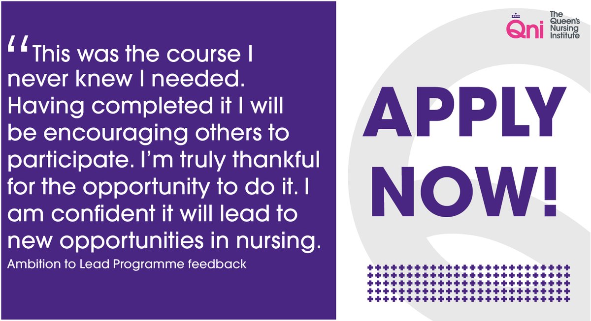 Our #AmbitionToLead programme (formerly 'Aspiring Nurse Leaders') is open for applications - all experienced #nurses and #AHPs working in #community #primarycare #socialcare are encouraged to apply. 

The deadline is 6 May. Find out more here: qni.org.uk/news-and-event…