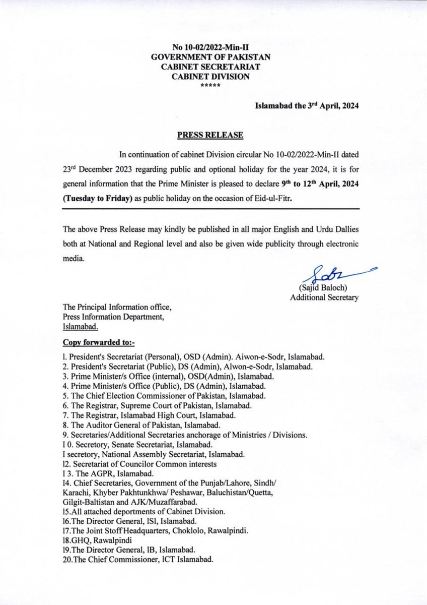 6 DAYS OFF.

Eid ul Fitar Holidays in Pakistan from 9th to 12th April, technically it's a LOOONG weekend  & off from Tuesday to Sunday. 

#EidHolidays #eid2024 #EidulFitr