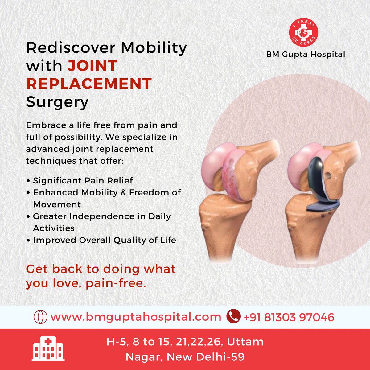 Don't let joint pain sideline you! Regain your active life with advanced joint replacement surgery. For more info Call us at 91 81303 97046 Mail us: bmguptagnh@gmail.com #BMGH #BMGuptaHospital #health #healthcare #orthopaedics #JointReplacement #PainFreeLiving #ActiveLife