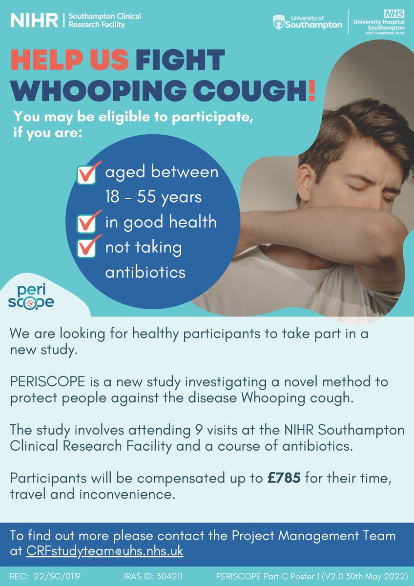 We are looking for healthy participants aged 18-55 for a new #WhoopingCough study. Reimbursement of up to £785 will be provided. 📩 Contact us for more information: CRFstudyteam@uhs.nhs.uk