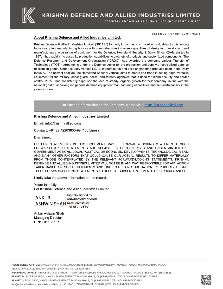 nileshkurhade's tweet image. 📌 Krishna Defence and Allied Industries Limited (KDAIL) informed the exchange about securing its maiden order worth ₹88.75 Crores for the supply of Special Steel Products designated for construction of Coast Guard Vessels.  #SME #KRISHNADEF 🛳💼