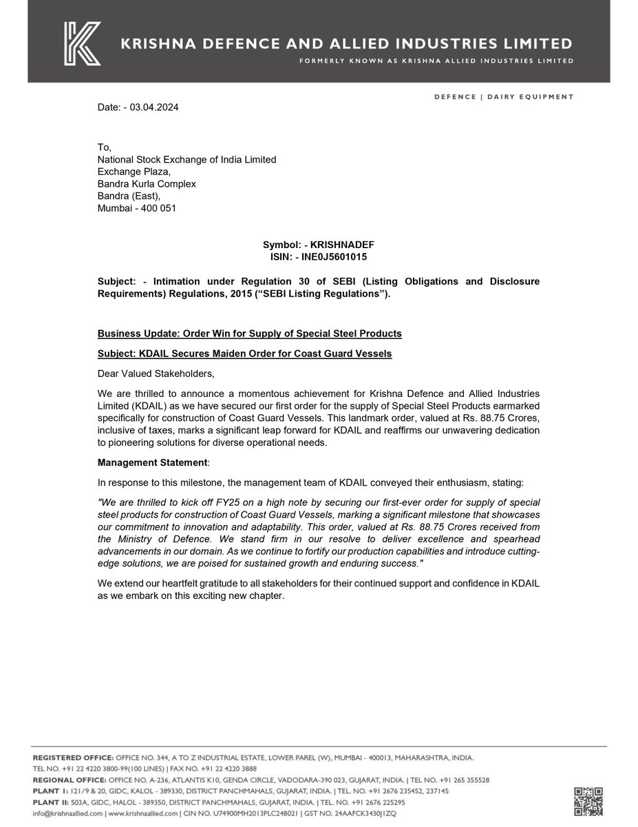 nileshkurhade's tweet image. 📌 Krishna Defence and Allied Industries Limited (KDAIL) informed the exchange about securing its maiden order worth ₹88.75 Crores for the supply of Special Steel Products designated for construction of Coast Guard Vessels.  #SME #KRISHNADEF 🛳💼