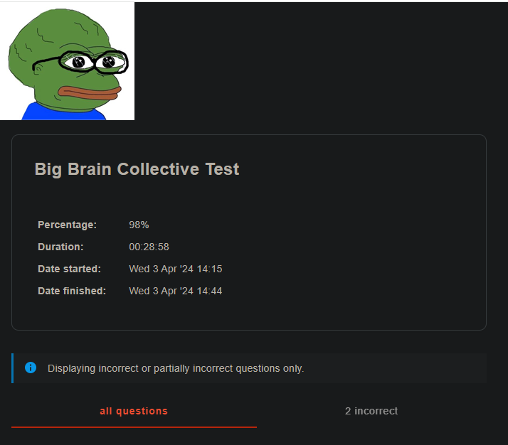 I'm going to freakin necc, the 2 incorrect answers man, i was just [redacted]... 💀i could've been in the same bracket as @hasufl and @spreekaway, my cope and seethe is unreal rn But i promised @lawmaster not to necc as long as my score is above 90% so, back to building! 🫡