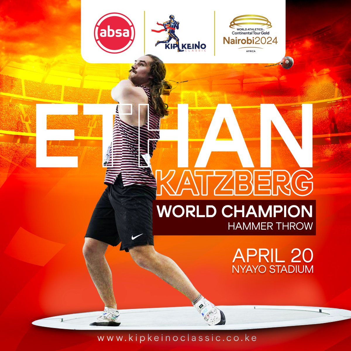 Get ready for some serious hammer throw action!Reigning world champion (81.25) @EthanKatzberg , representing Canada, will be showcasing his incredible skills at the #AbsaKipkeinoClassic2024 . Don't miss the chance to witness this champion in action.