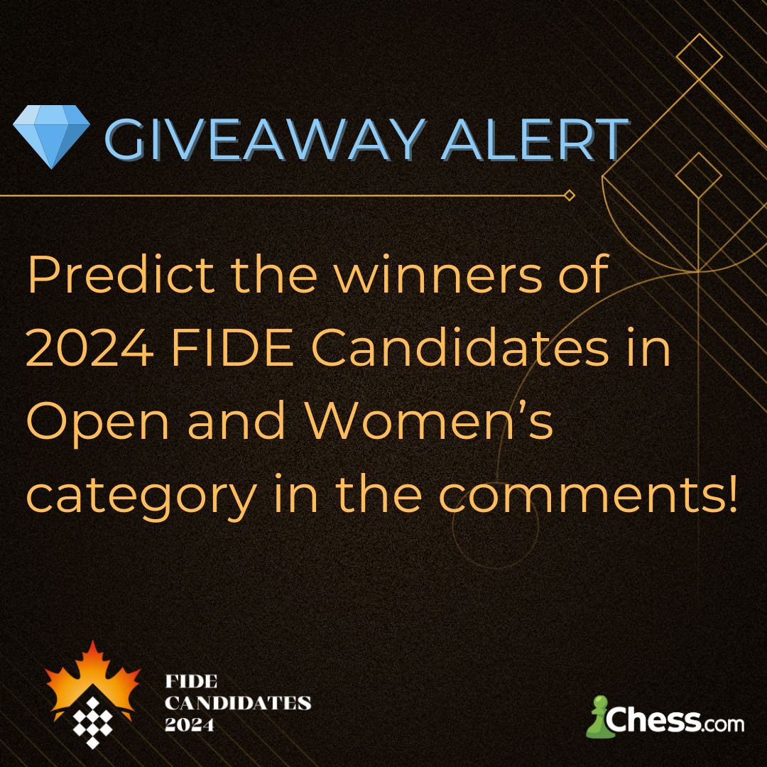 🚨 Giveaway alert 🚨

🥁 Here's what you need to do to enter the <a href="/chesscom/">Chess.com</a>💎giveaway!

🔁 Share the post
❤️ Like the post
✍️ Comment your picks in Open and Women's section using the hashtag #FIDECandidates 

✅ Winner gets 1-year <a href="/chesscom/">Chess.com</a> 💎 membership!