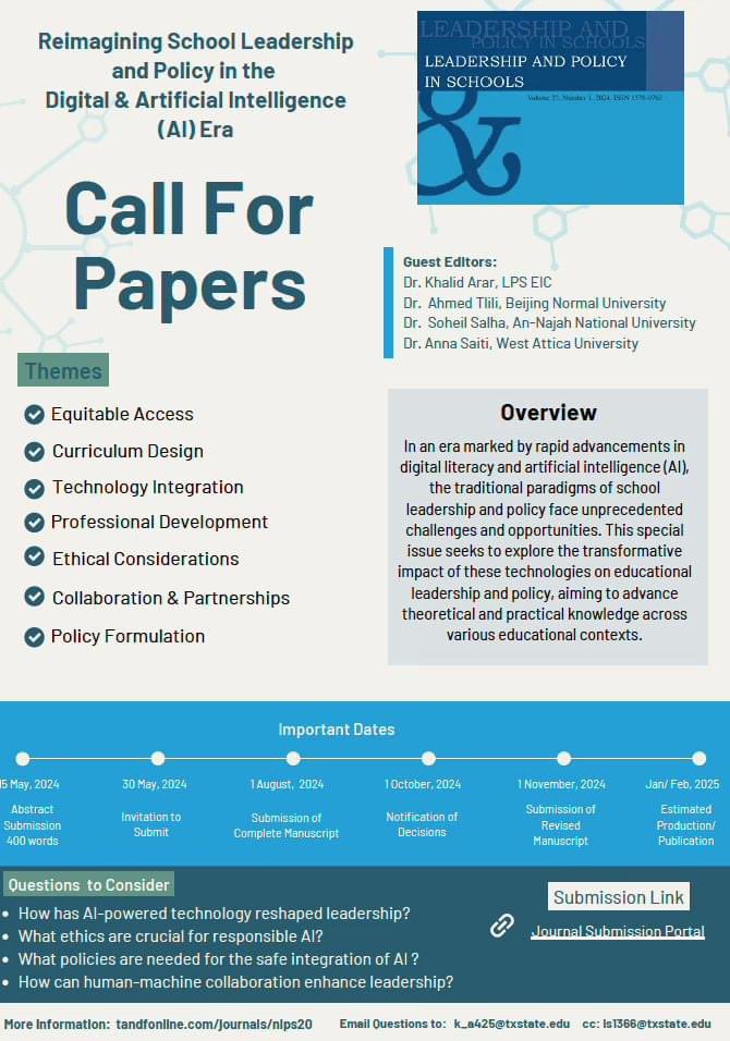Donnie Adams (@donnieadamz1) on Twitter photo Call for Papers edited by <a href="/DrKhalidarr/">Khalid Arar</a> et al on ‘Reimagining School Leadership and Policy in the Digital and Artificial Intelligence (AI) Era‘. More info at think.taylorandfrancis.com/special_issues… Call for Papers edited by <a href="/DrKhalidarr/">Khalid Arar</a> et al on ‘Reimagining School Leadership and Policy in the Digital and Artificial Intelligence (AI) Era‘. More info at think.taylorandfrancis.com/special_issues…