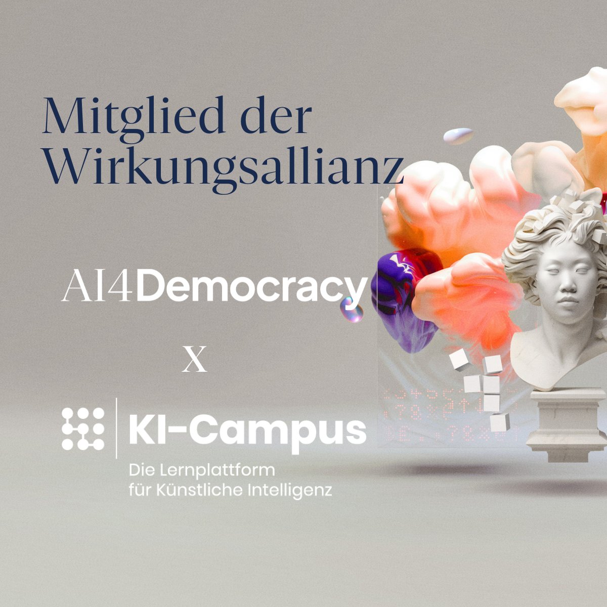 Die Wirkungsallianz #AI4Democracy ist gestartet & wir sind dabei! 🚀 Ziel ist es, durch #KI die #Demokratie & den Zusammenhalt zu stärken. 🤝 Mit unseren Lernangeboten möchten wir dazu einen Beitrag leisten! 👩‍💻 Alle Infos: ➡️ai4democracy.com #KICampus #DigitaleBildung