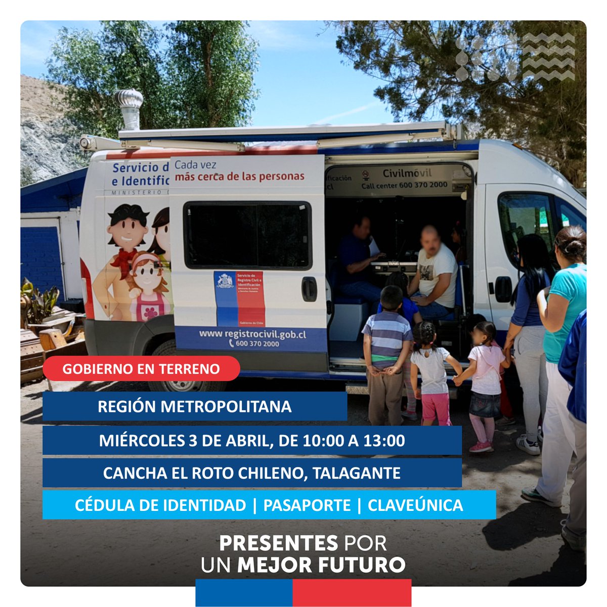 Hasta las 13 hrs, equipo móvil RM <a href="/RegCivil_Chile/">Registro Civil e Identificación - Chile</a> gestionará cédulas, pasaportes y clave única en <a href="/Gobenterreno/">Gobierno en Terreno</a> en Cancha El Roto Chileno <a href="/MuniTalagante/">Muni Talagante</a> <a href="/DPPTalagante/">Delegación Presidencial Provincial de Talagante🏛</a> Al servicio de las personas! <a href="/jgajardofalcon/">Jaime Gajardo Falcón</a> <a href="/JaimeFuentesPu/">Jaime Fuentes Purran</a> <a href="/stefiduartem/">Stephanie Duarte</a> <a href="/CarlosAlvarezE_/">Carlos Álvarez</a> <a href="/omoralesmarquez/">omar morales marquez</a>