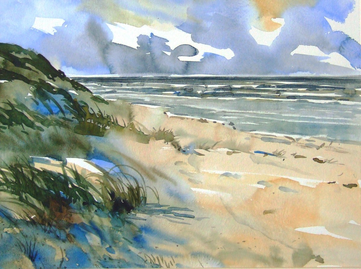 Windkracht 8 aan de kust. Speciaal voor @JandeLaat4 en allen die van de zee en het strand houden. #watercolorpainting #shore #storm #watercolour #seascape #waterclolourpainting #art