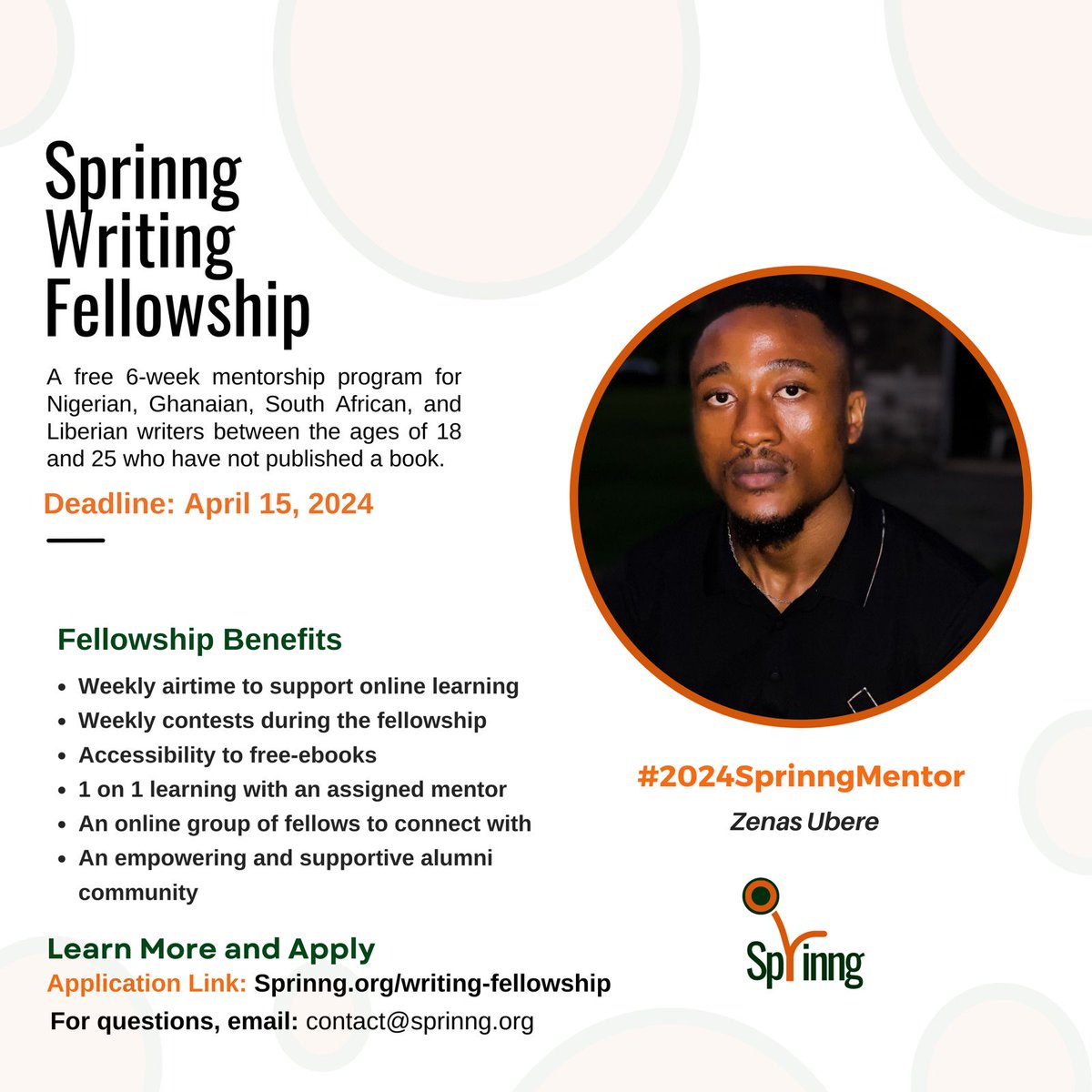 Glad to announce that I will be serving as a mentor for this year’s @SprinngLM Writing Fellowship. Visit sprinng.org/writing-fellow… to learn more and apply by April 15! #2024SprinngMentor