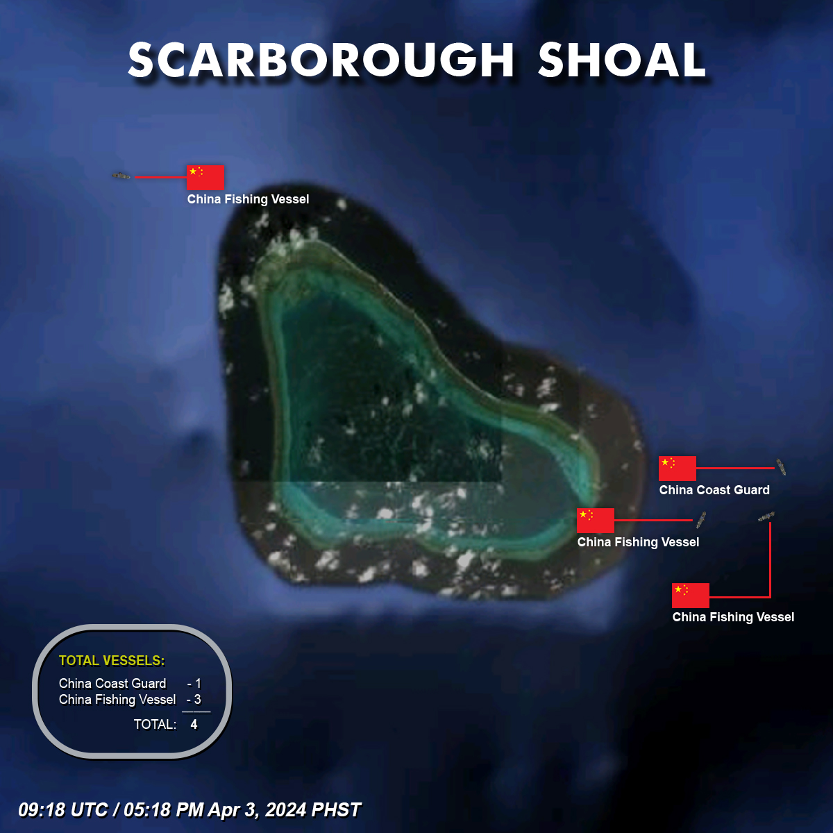 Scarborough Shoal, Total of 4 China Vessels. 
05:18 PM April 3, 2024 PHST  

#ScarboroughShoal #MaritimeAwareness #DailyAwareness