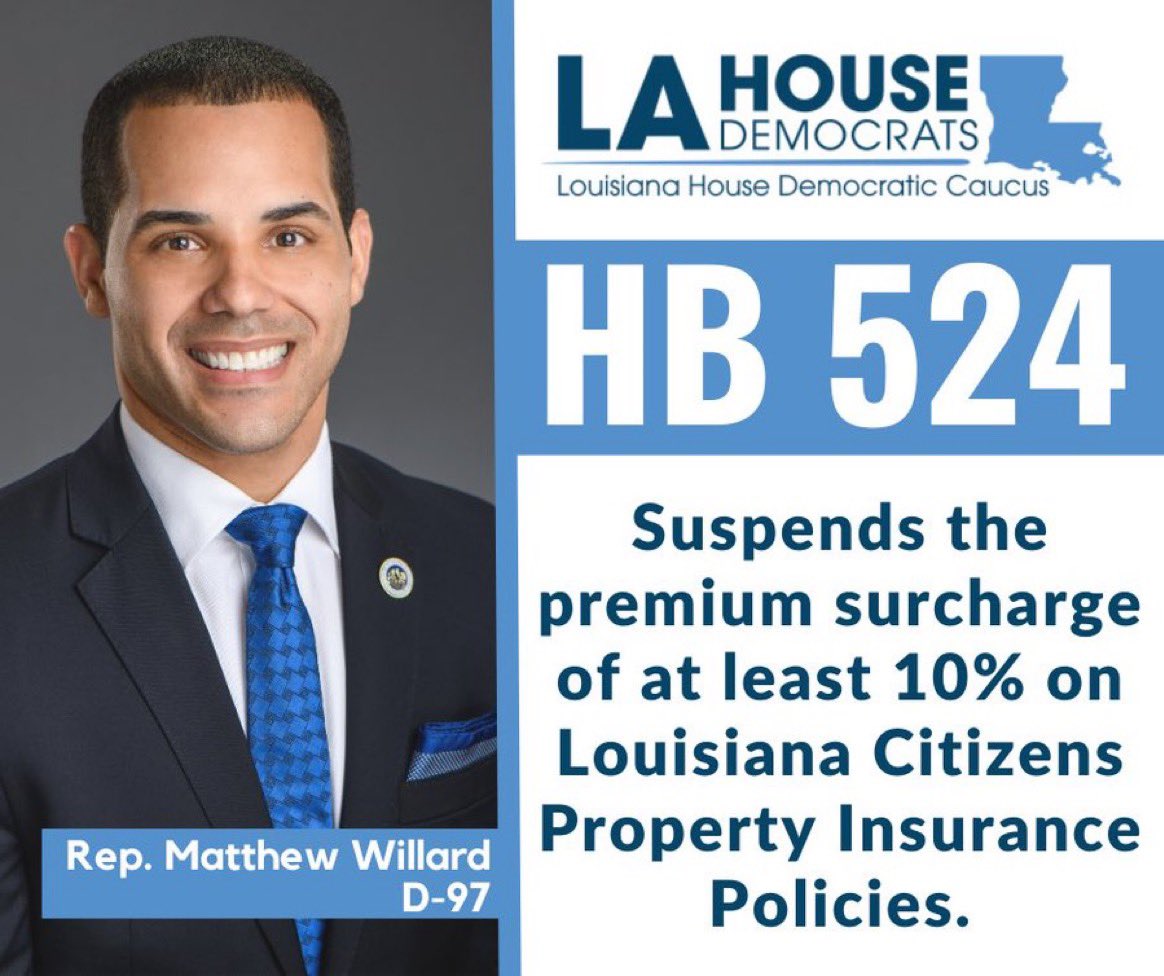 Rep. @MattWillard97 is working to provide relief for those suffering the most from Louisiana’s insurance crisis. HB 524 will be in the House Committee on Insurance this morning. #LaGov #LaLege