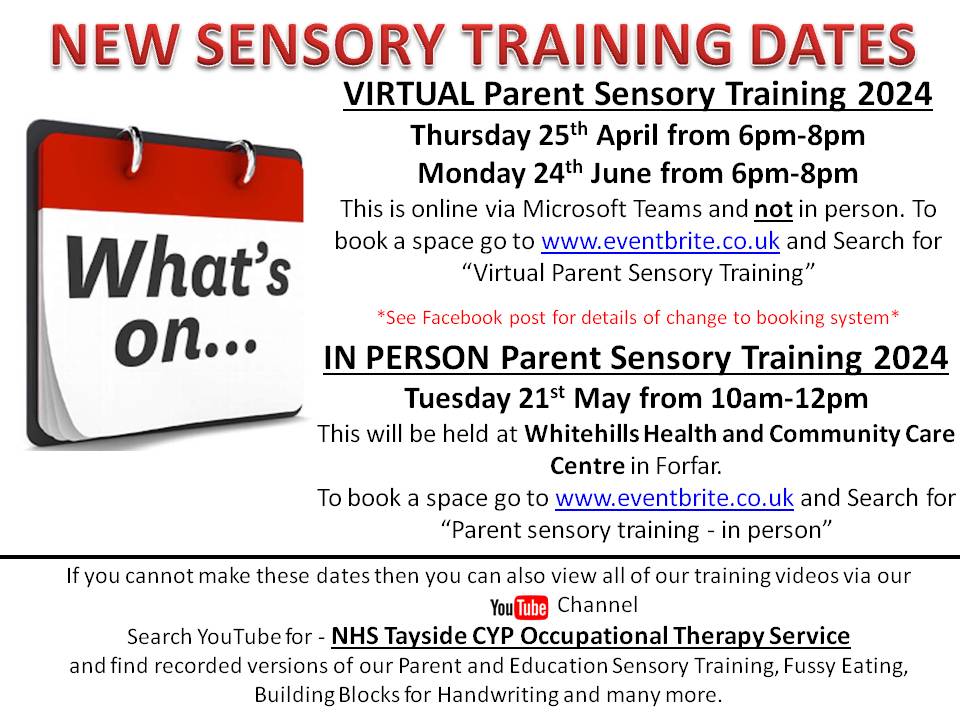 🎉What's on Wednesday🎉 Please see below for dates for the upcoming sensory trainings. PLEASE NOTE: Booking for this training has changed; it's still through Eventbrite, but see our Facebook page for full details! For more info please visit our website: OTCYP.scot.nhs.uk