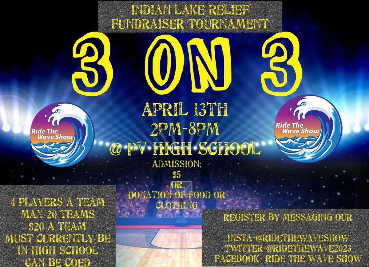 Only 6 spots left for our Ride The Wave Indian Lake 3v3 benefit basketball tournament!

If you are interested in signing up be sure to message our Instagram, Twitter, or Facebook! Deadline is April 11th only $20 a team! 

#ridethewave3v3